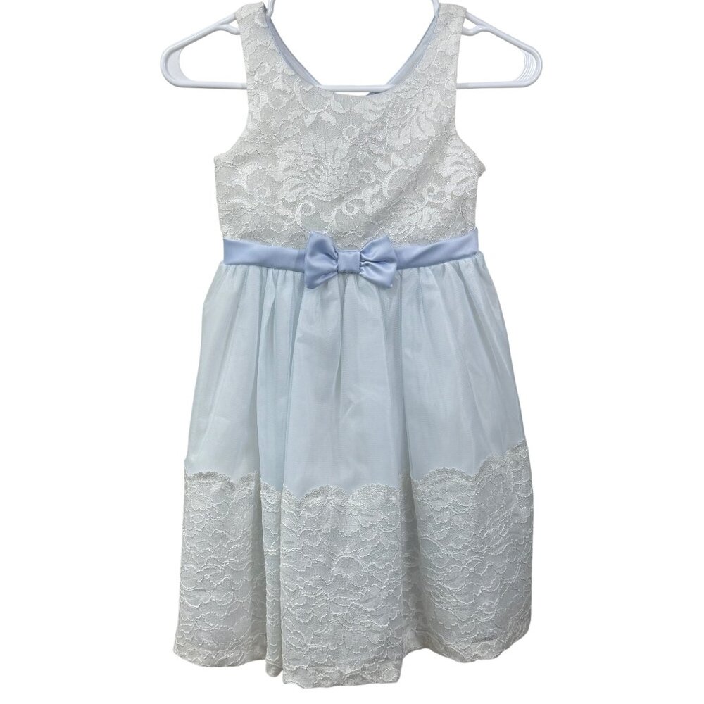 Bonnie Jean Girls Sleeveless Lace Dress With Bow Detail White & Blue Size 6X